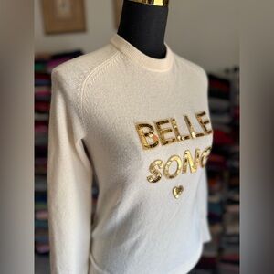 Cashmere Cream Sweater with Gold “Belle Song” Accents, Bow & Drape, S